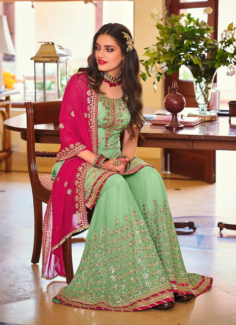 Green And Pink Golden Embroidered Wedding Sharara Suit