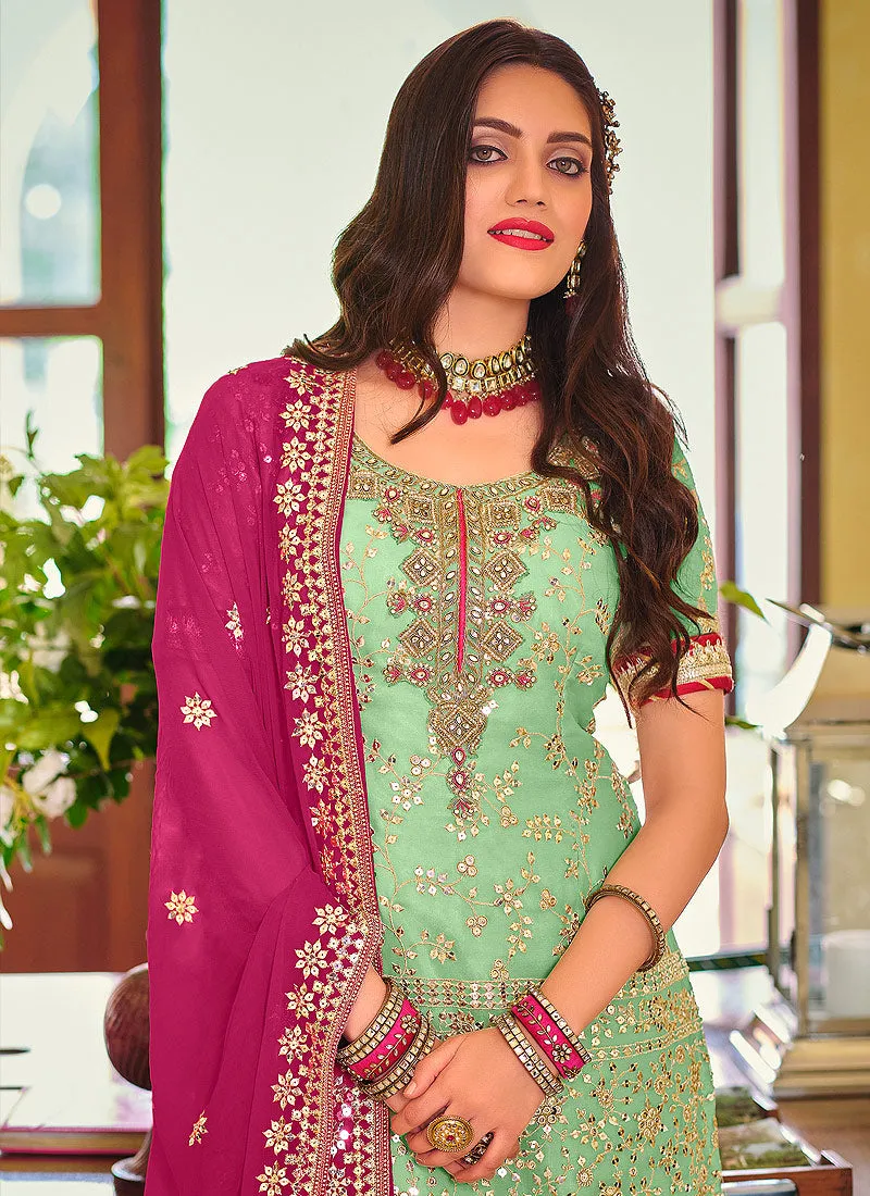 Green And Pink Golden Embroidered Wedding Sharara Suit