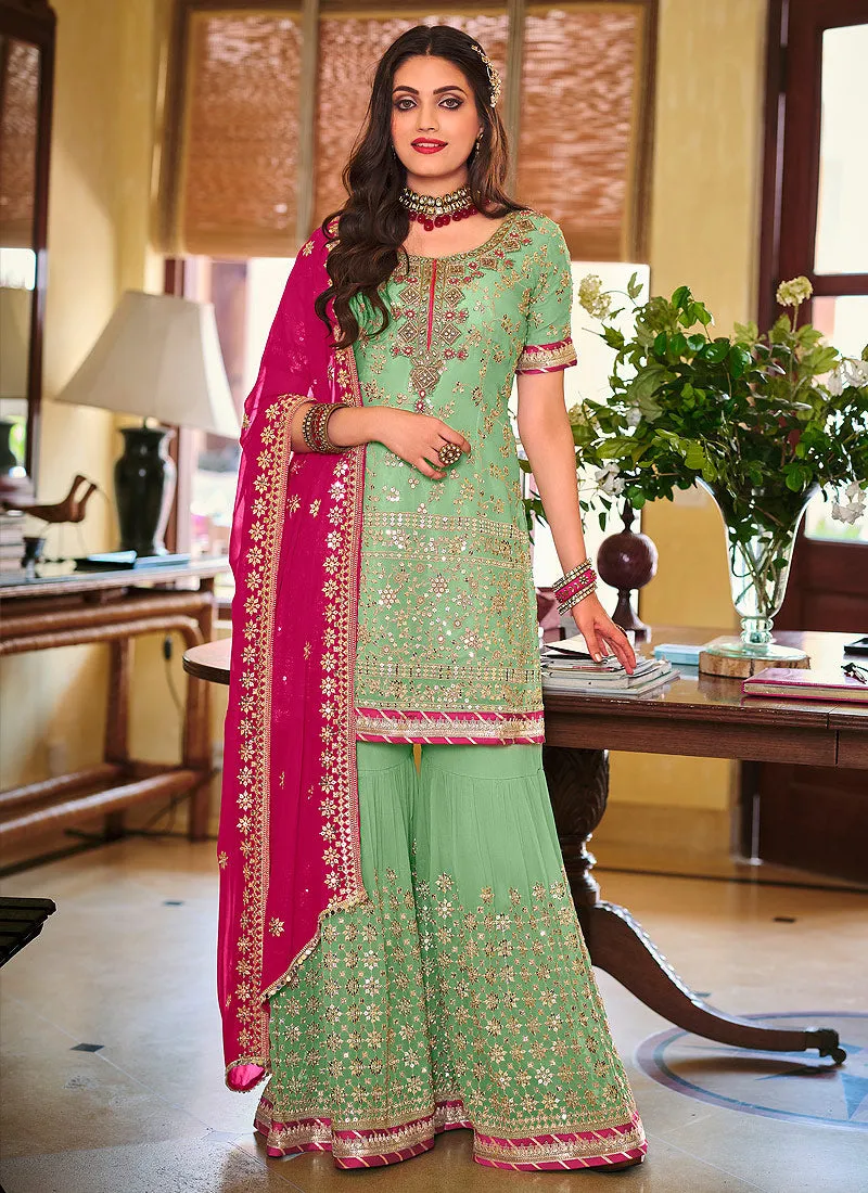 Green And Pink Golden Embroidered Wedding Sharara Suit