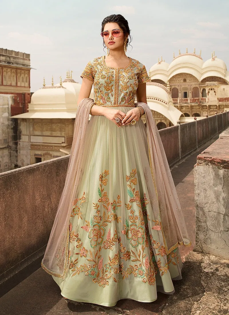 Green And Pink Overall Embellished Anarkali Suit