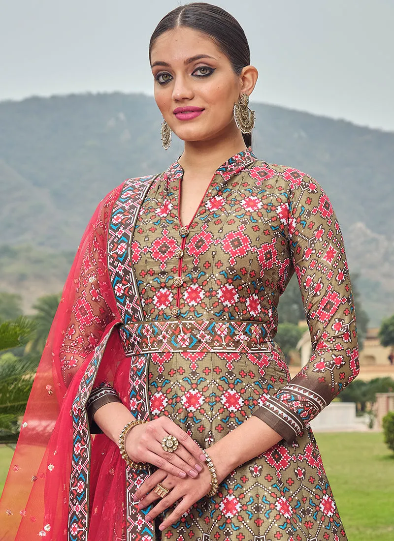 Green And Red Multicoloured Printed Silk Designer Anarkali Gown