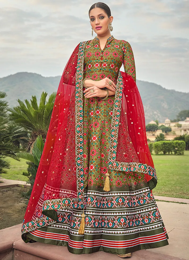 Green And Red Multicoloured Printed Silk Designer Anarkali Gown