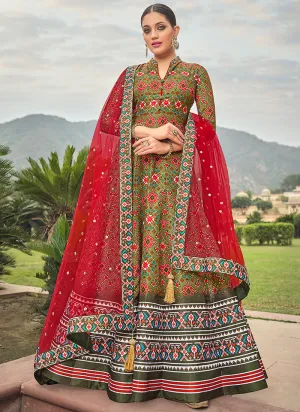 Green And Red Multicoloured Printed Silk Designer Anarkali Gown