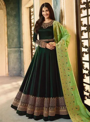 Green Dual Tone Motif Embroidered Ghera Anarkali Suit