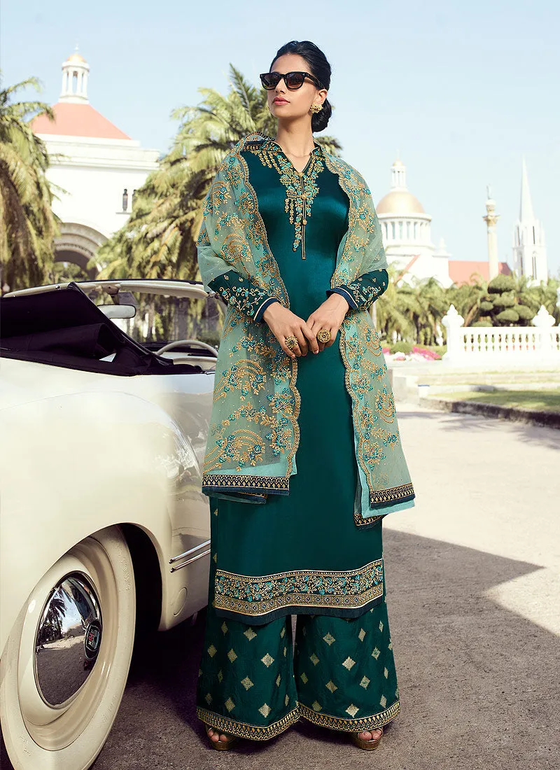 Green Embroidered Palazzo Suit