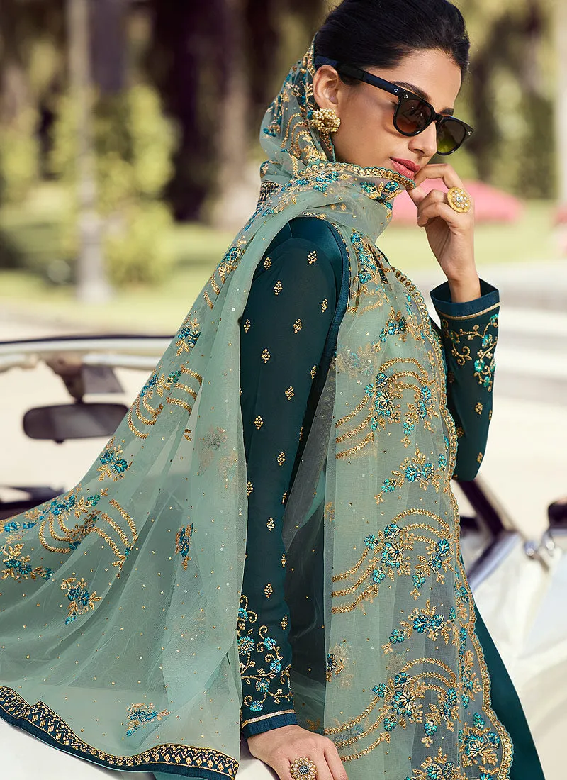 Green Embroidered Palazzo Suit