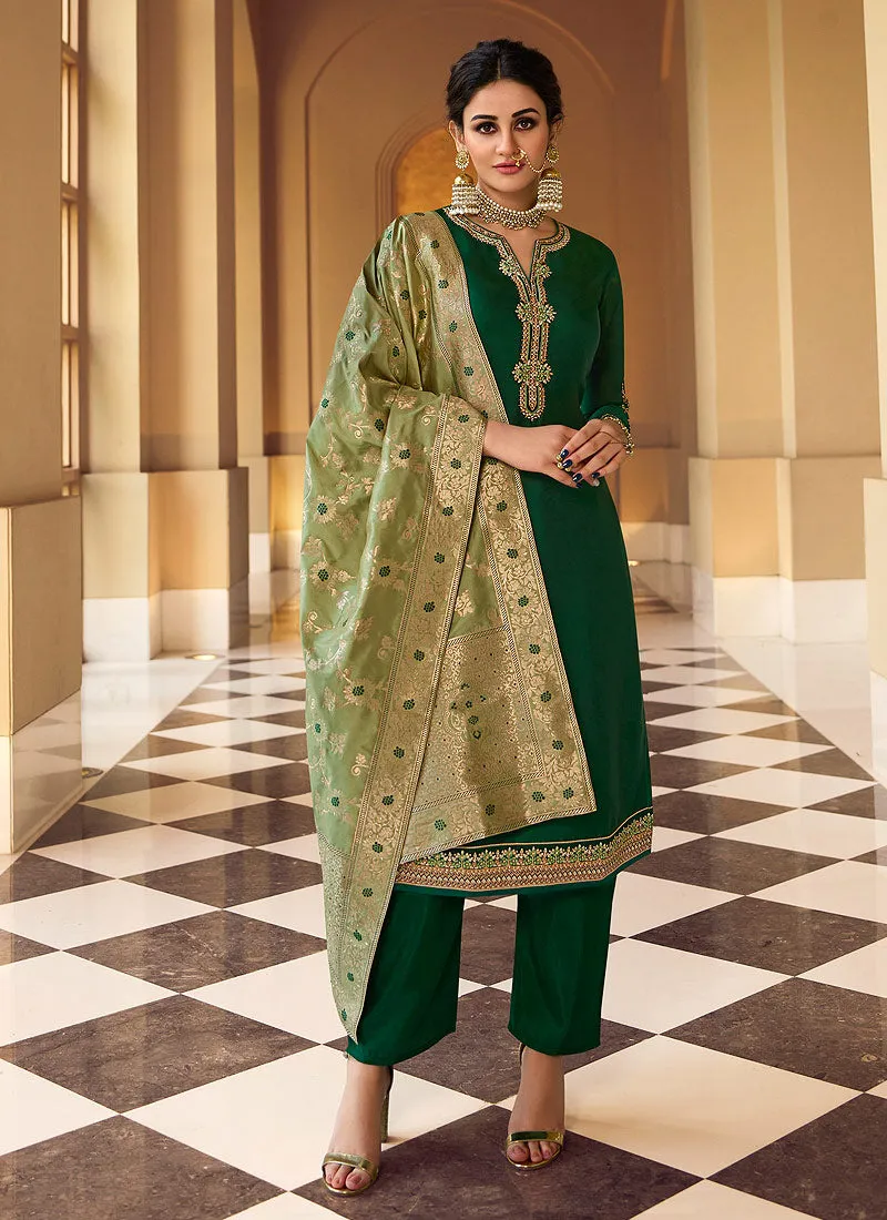 Green Embroidered Pant Style Suit