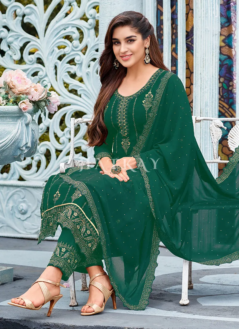 Green Embroidered Traditional Pant Style Suit