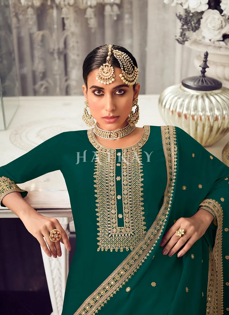 Green Golden Embroidered Wedding Palazzo Suit