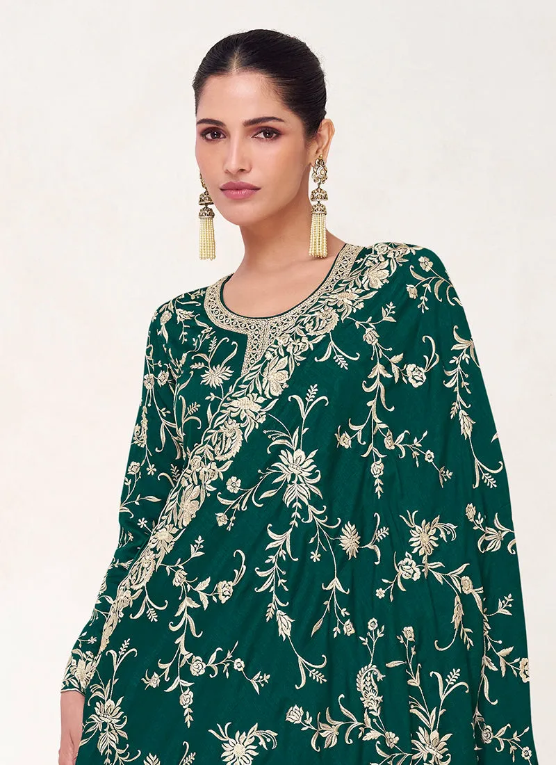 Green Golden Embroidery Designer Anarkali Gown Dress