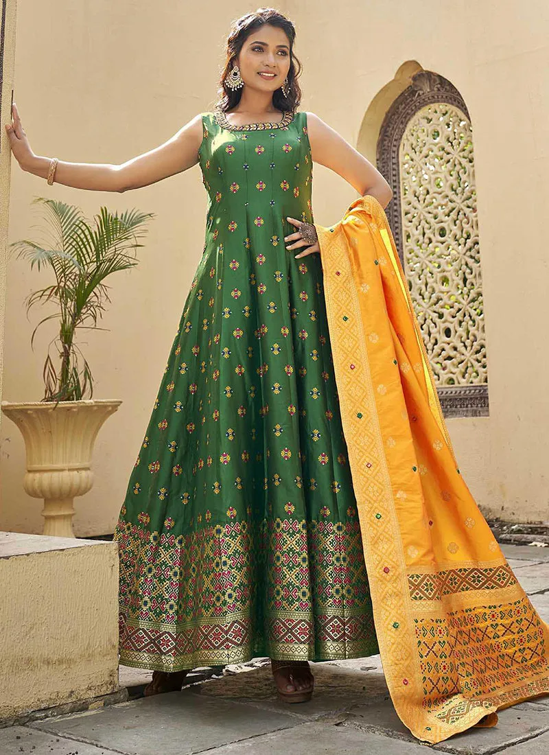 Green Mirror Work Embroidery Silk Anarkali Suit