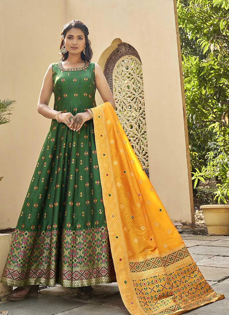 Green Mirror Work Embroidery Silk Anarkali Suit