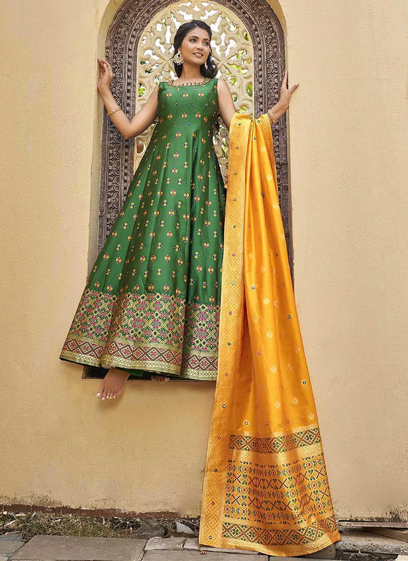 Green Mirror Work Embroidery Silk Anarkali Suit