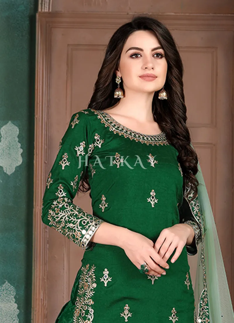 Green Mirror Work Silk Punjabi Patiala Suit