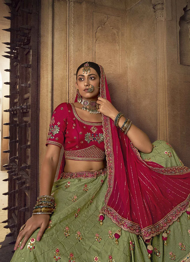 Green Red Embroidery Viscose Lehenga Choli