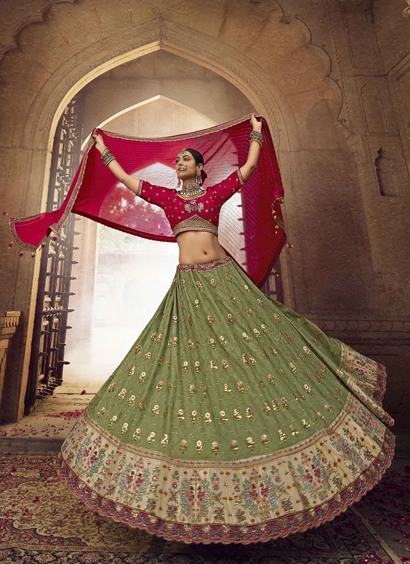 Green Red Embroidery Viscose Lehenga Choli