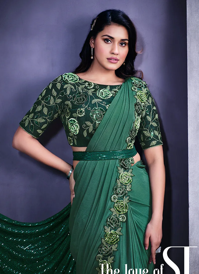 Green Sequence And Floral Embroidery Wedding Saree