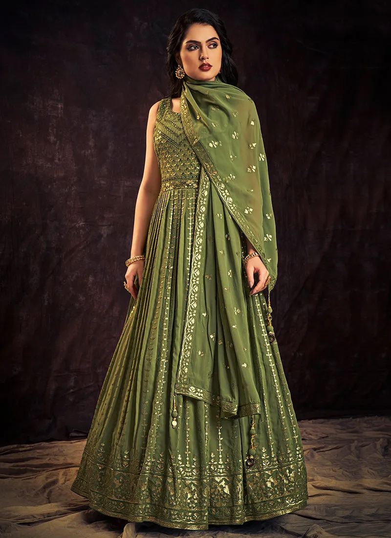 Green Sequence And Mirror Work Embroidery Anarkali Gown