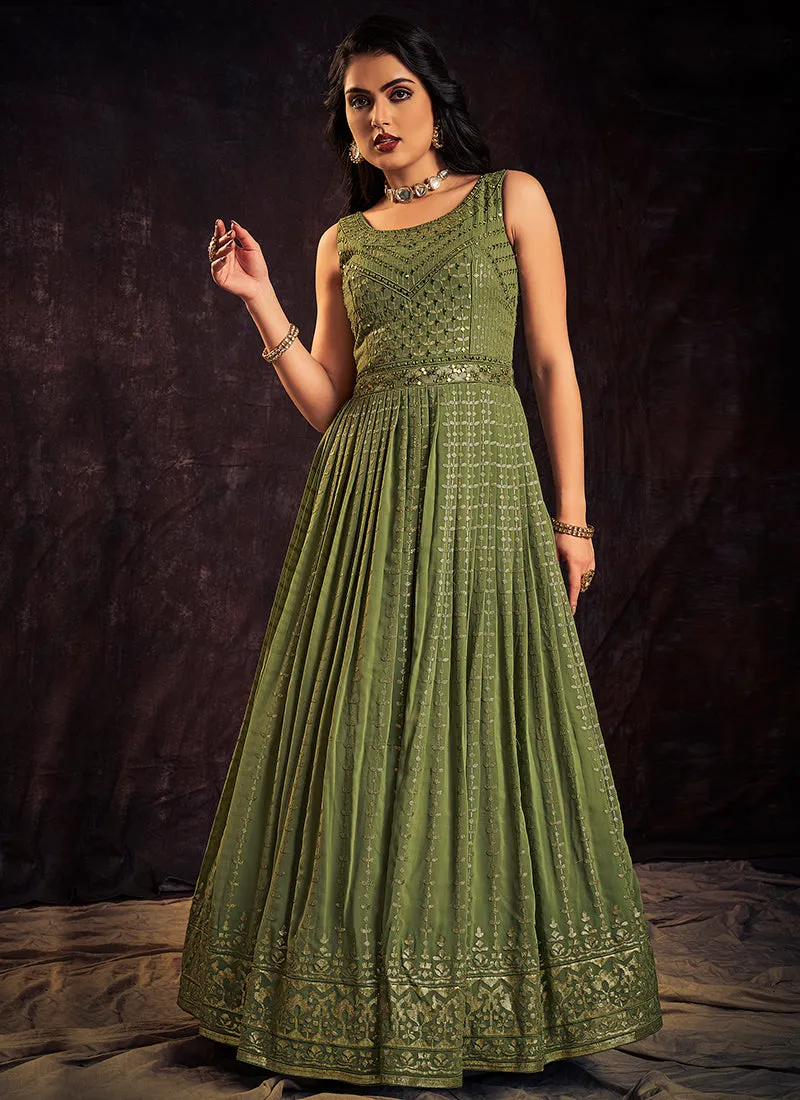 Green Sequence And Mirror Work Embroidery Anarkali Gown