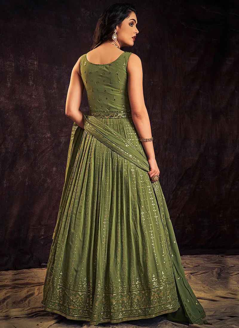 Green Sequence And Mirror Work Embroidery Anarkali Gown