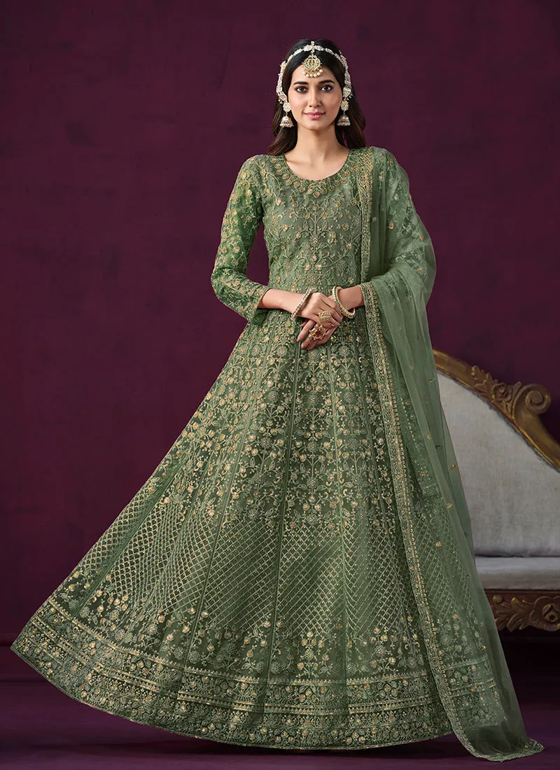 Green Sequence Embroidery Designer Anarkali Suit