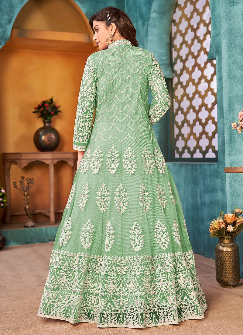 Green Traditional Embroidered Anarkali Pant Suit