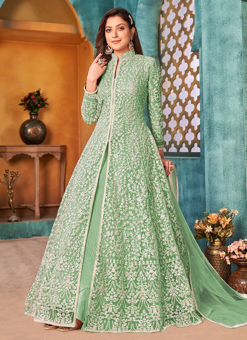 Green Traditional Embroidered Anarkali Pant Suit