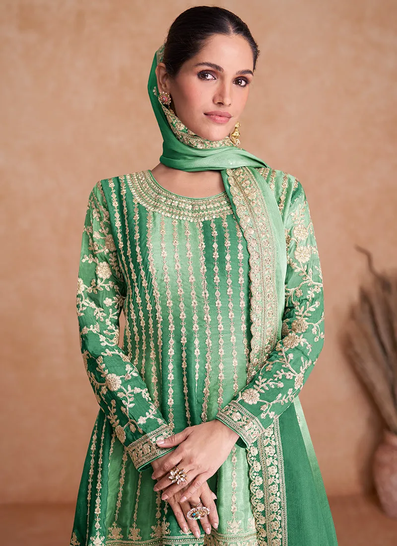 Green Traditional Embroidery Wedding Gharara Suit