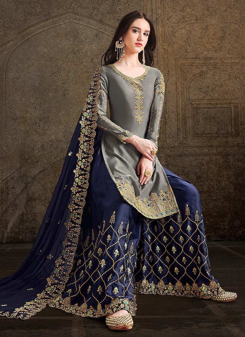 Grey And Blue Designer Sharara Suit