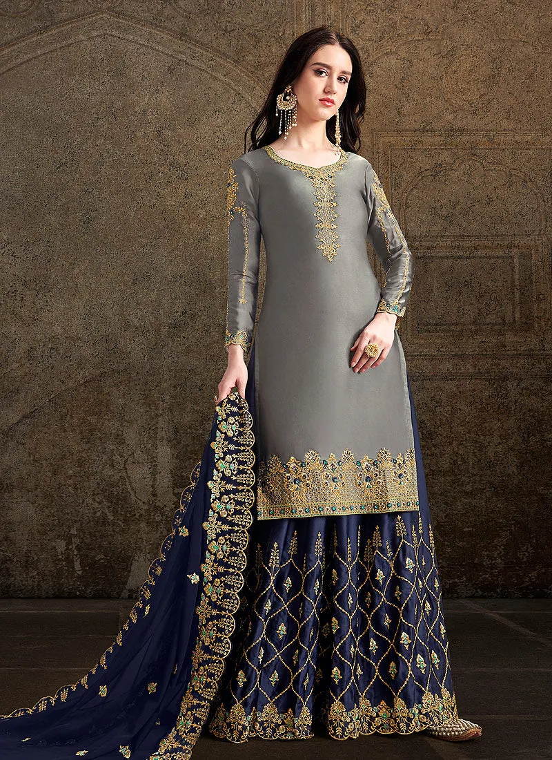 Grey And Blue Designer Sharara Suit