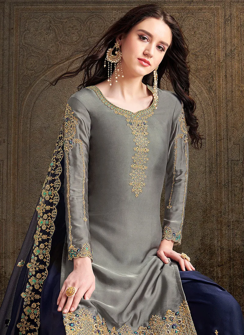 Grey And Blue Designer Sharara Suit