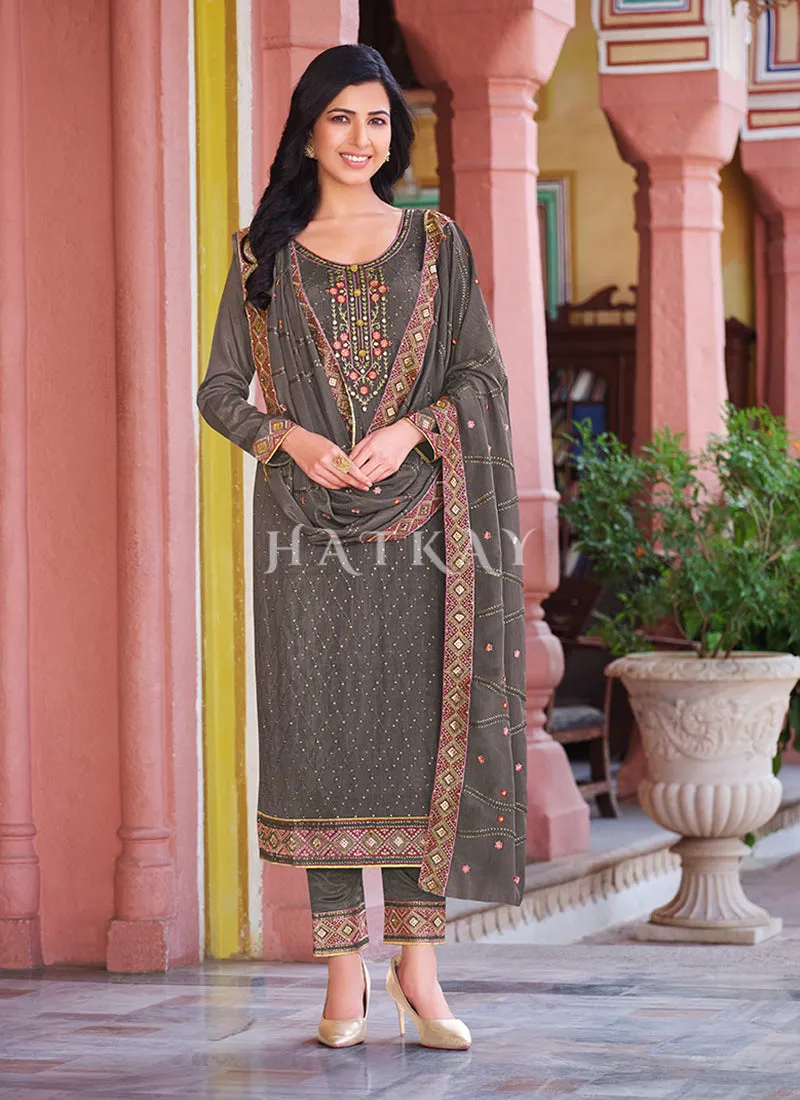 Grey Sequence Embroidered Pakistani Pant Style Suit