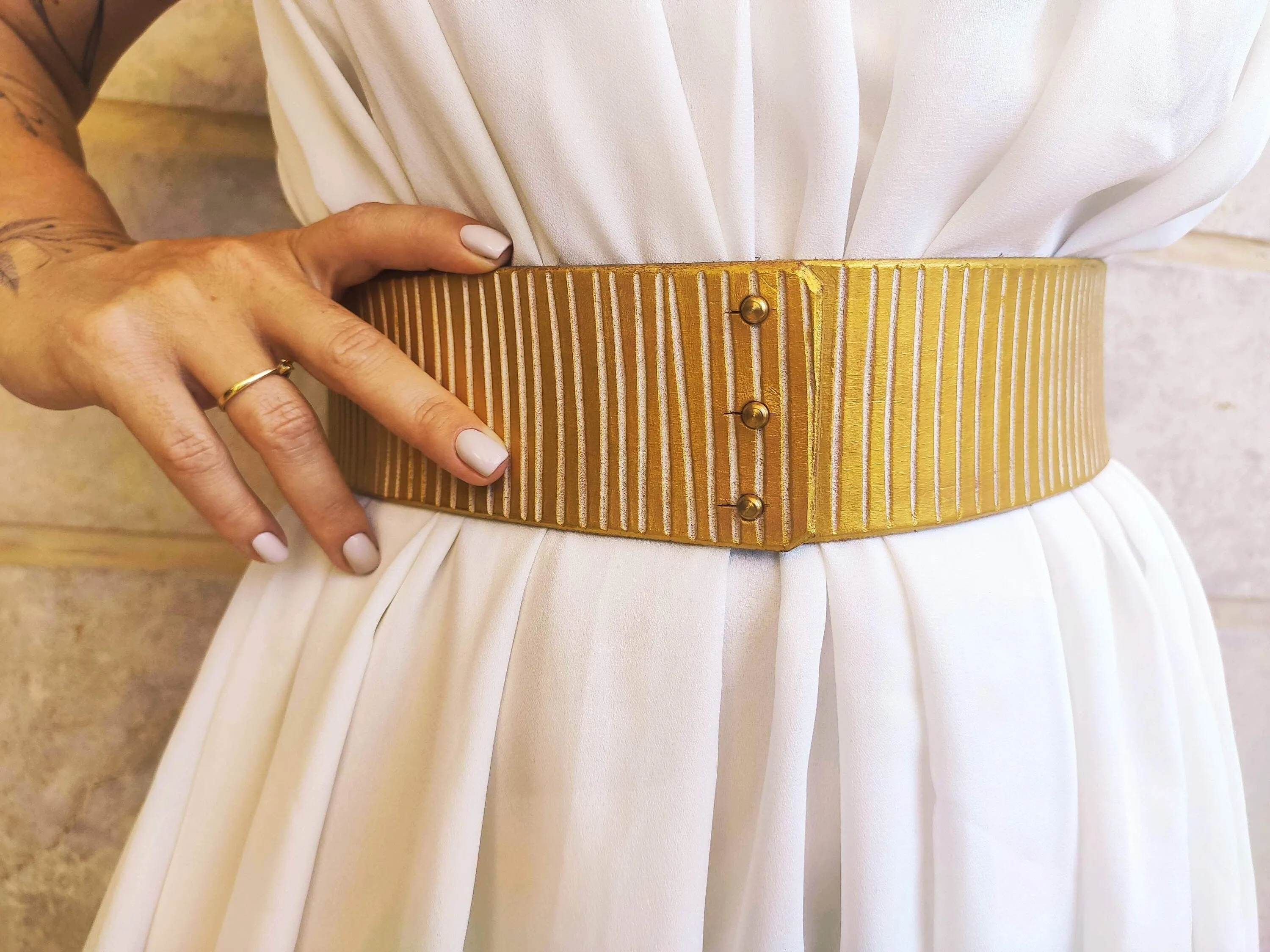 Handcrafted White and Gold Leather Bridal Belt for Your Big Day - Perfect Wedding Dress Accessory