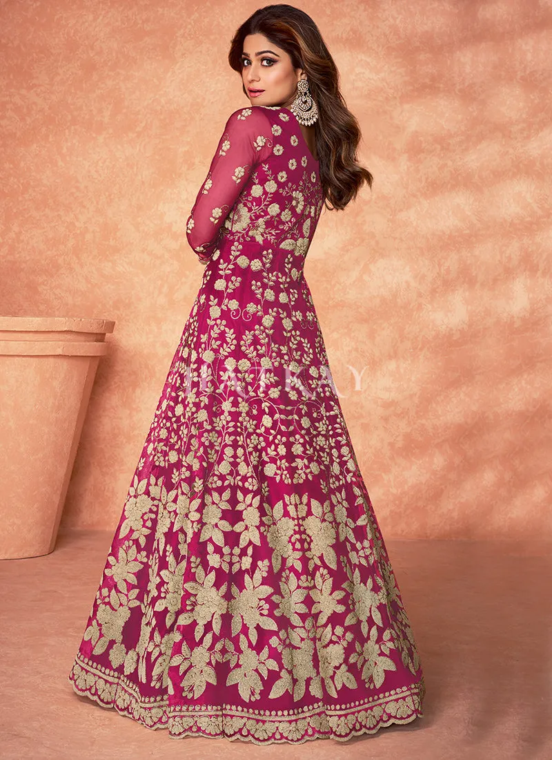 Hot Pink Embroidered Net Anarkali Suit