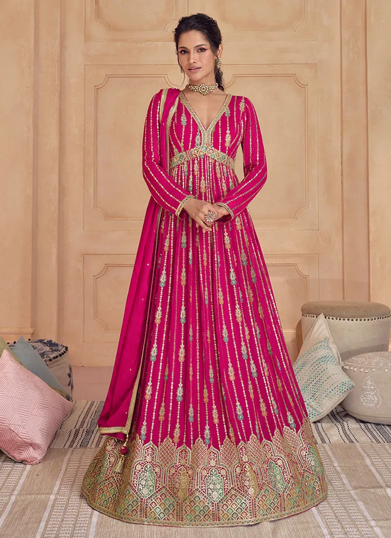 Hot Pink Multi Thread And Sequence Embroidery Anarkali Gown