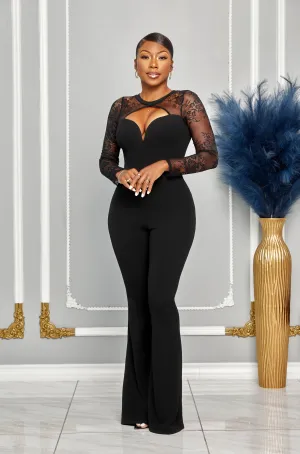 LACE SLEEVE PANELED FLARE BOTTOM JUMPSUIT (BLACK)