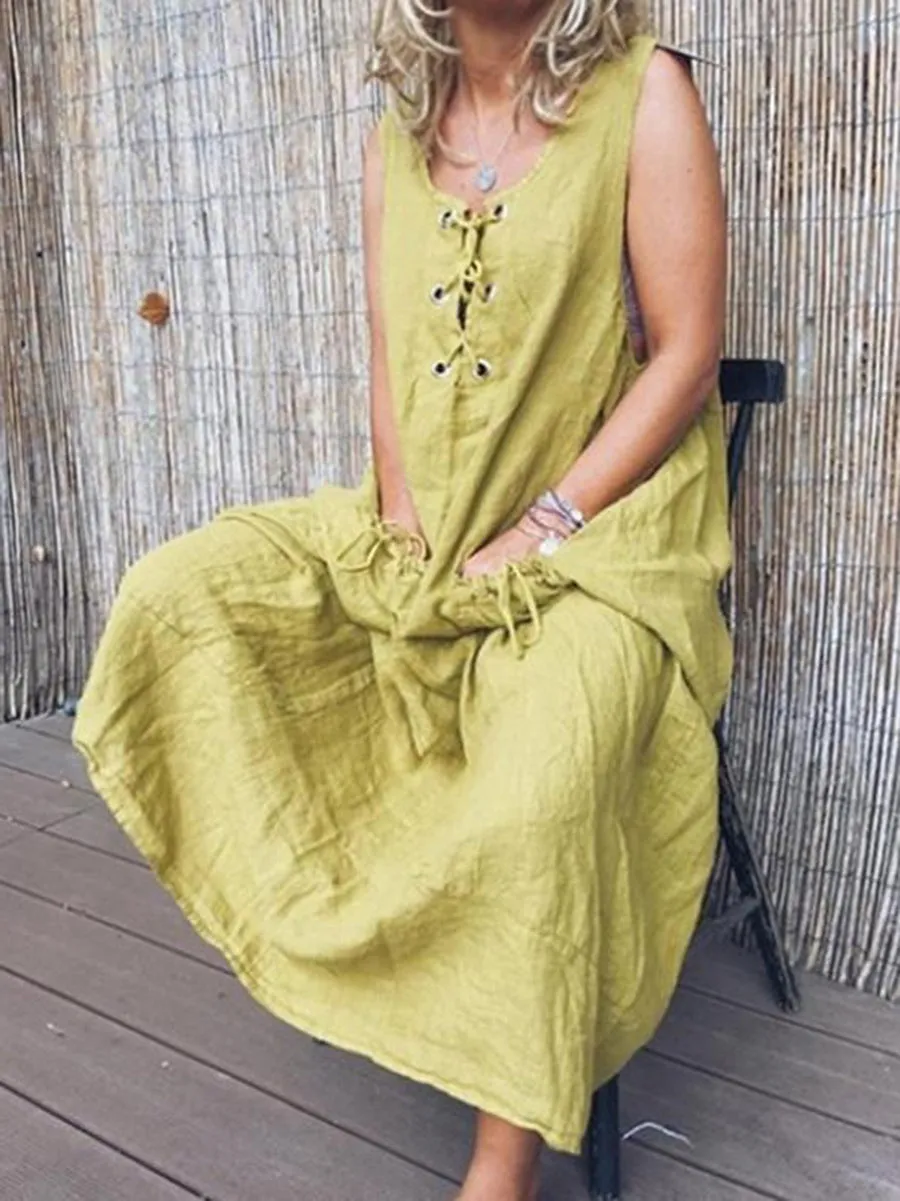 Lace-Up Sleeveless Solid Color Maxi Dress