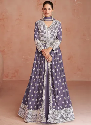 Lavender Embroidery Slit Style Festive Anarkali Lehenga