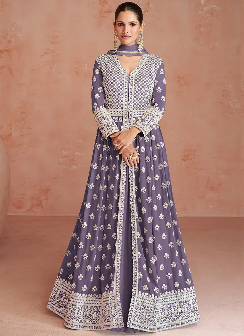 Lavender Embroidery Slit Style Festive Anarkali Lehenga