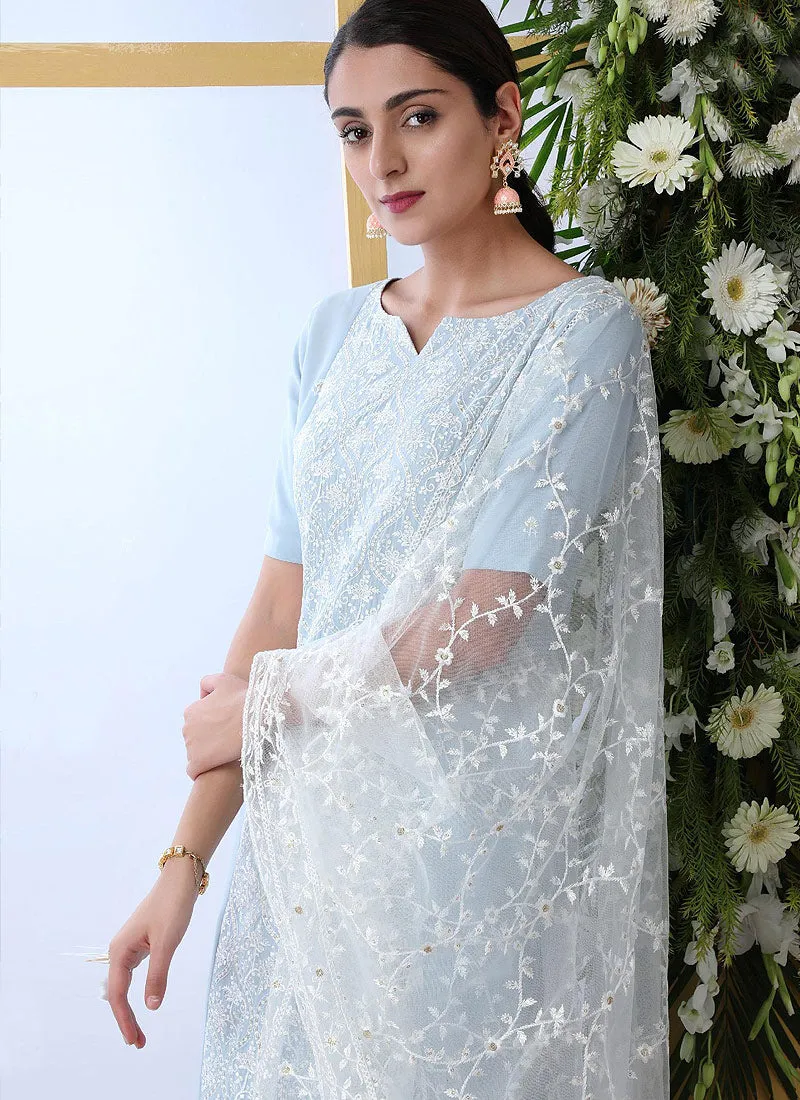 Light Blue Designer Embroidered Palazzo Style Suit