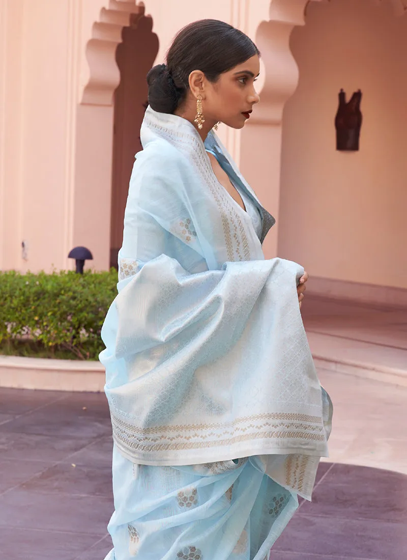 Light Blue Weaved Handloom Pure Linen Traditional Saree