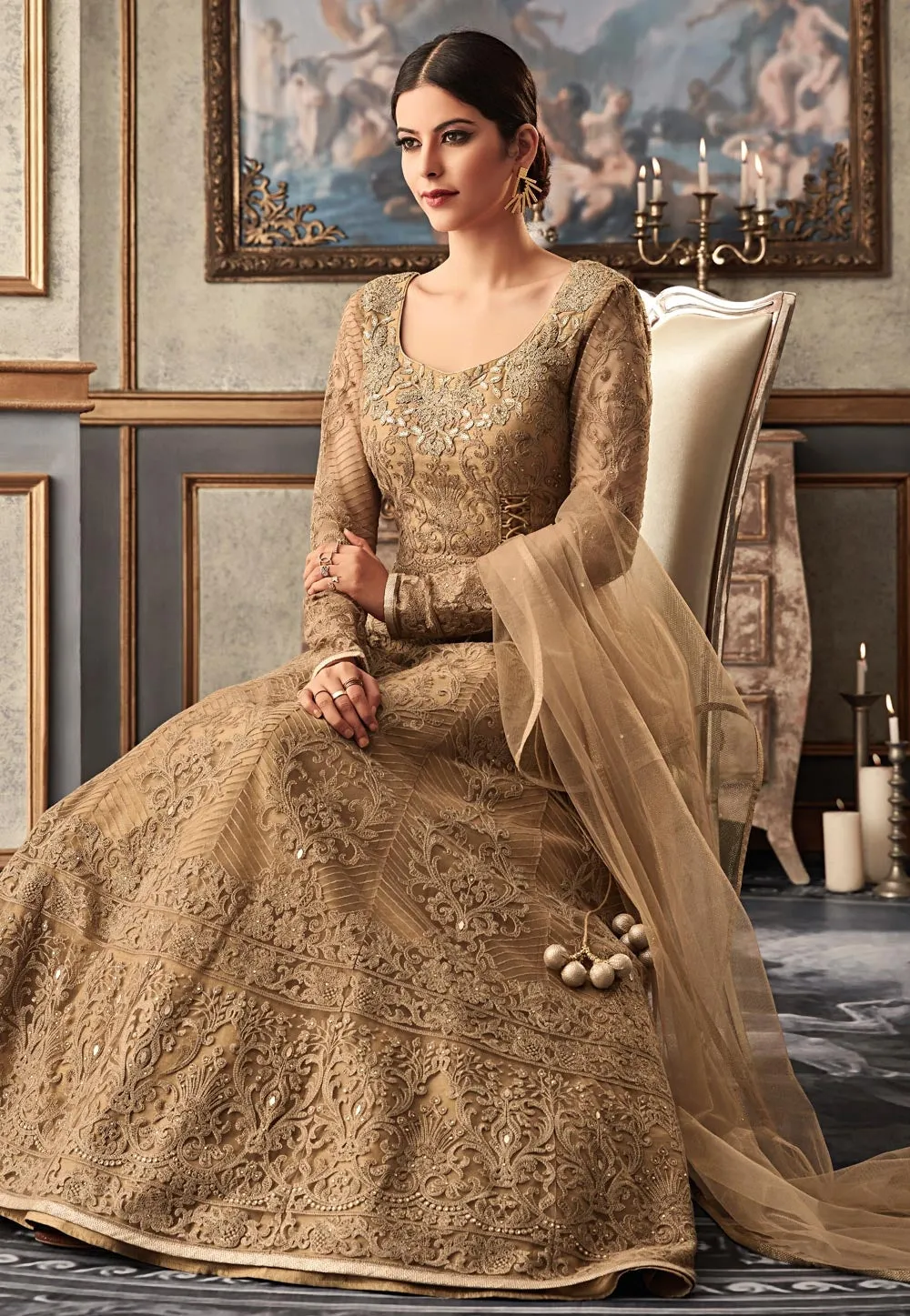 Light Brown Embroidered Flared Anarkali Gown Set