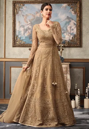 Light Brown Embroidered Flared Anarkali Gown Set