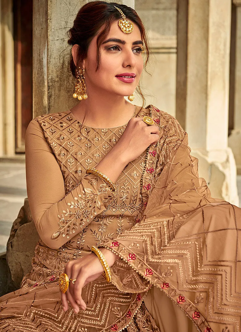 Light Brown Embroidered Palazzo Suit