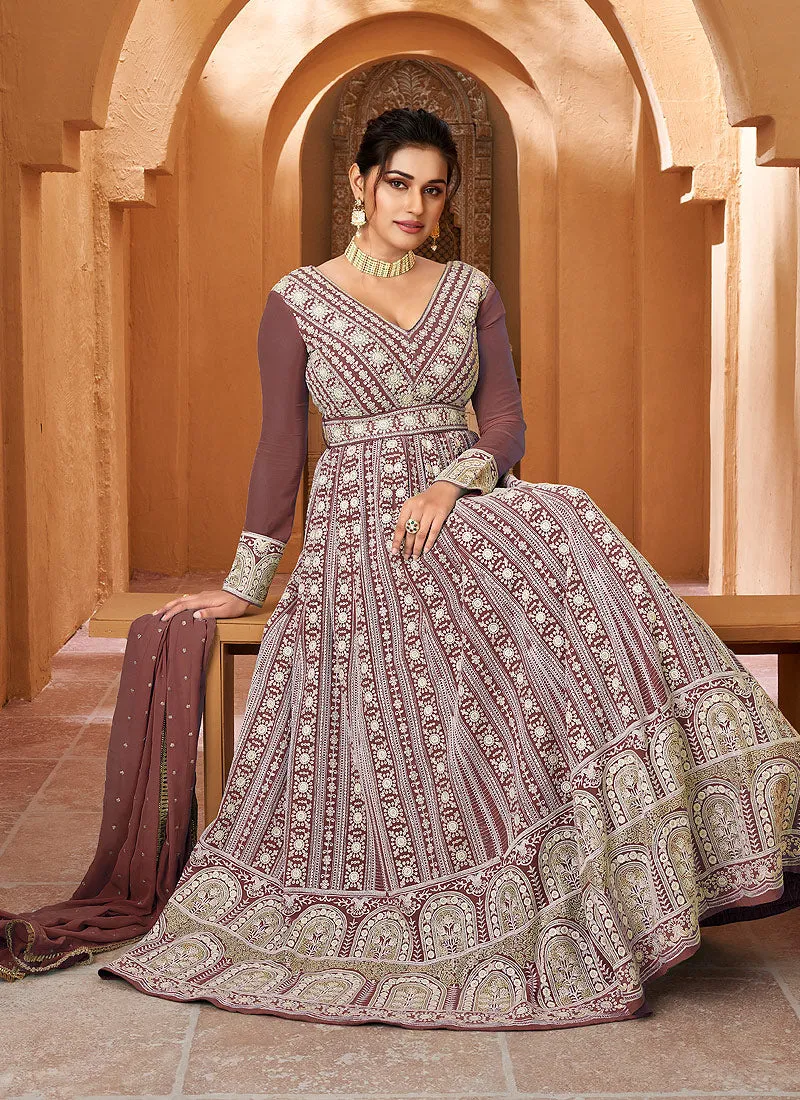 Light Brown Lucknowi Embroidery Anarkali Gown