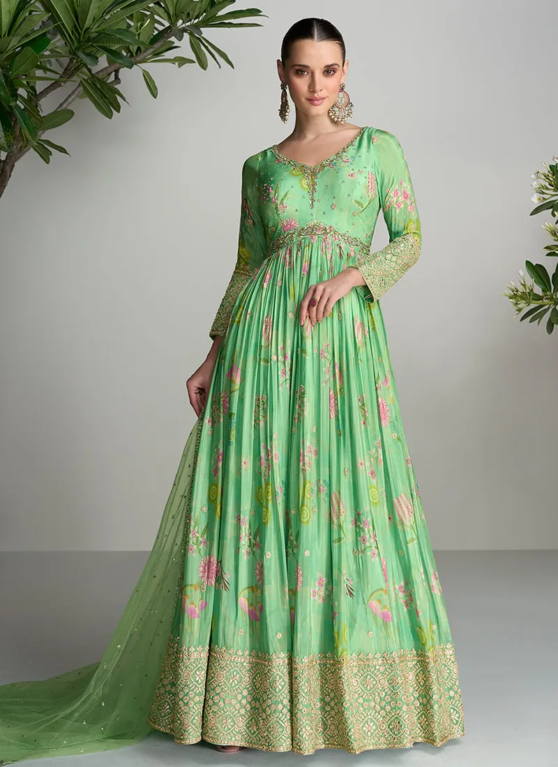 Light Green Floral Printed Handwork Embroidered Anarkali Gown