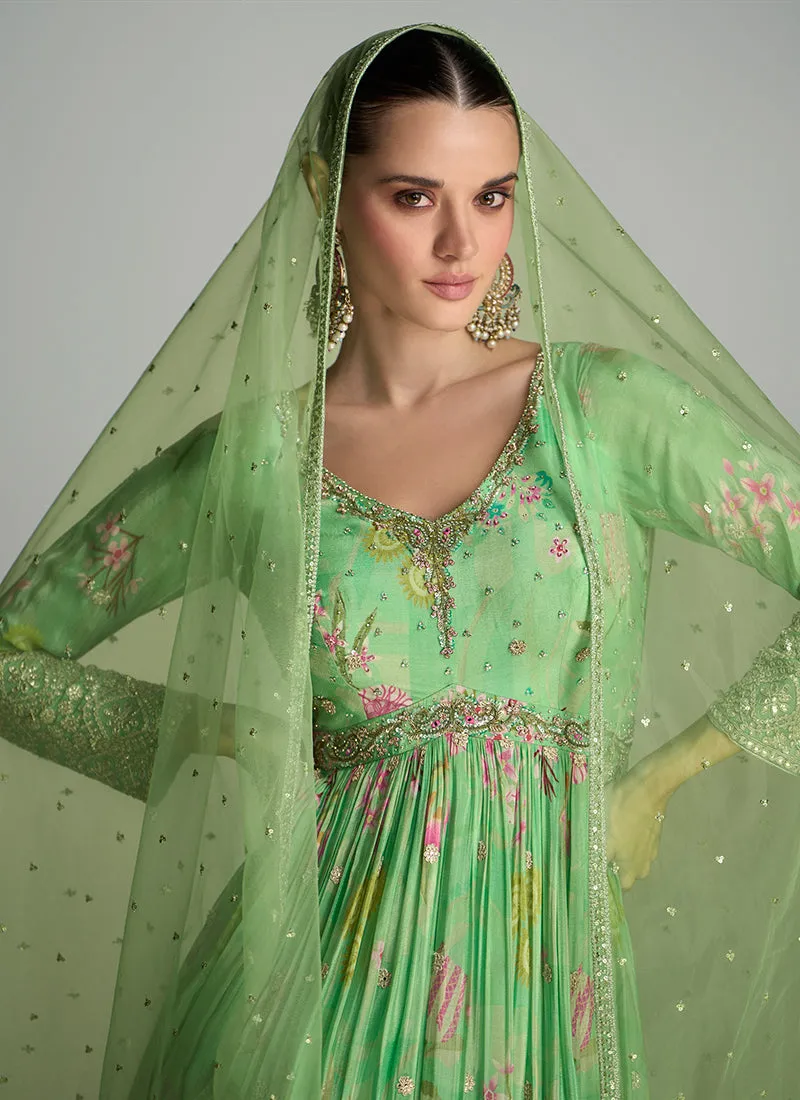 Light Green Floral Printed Handwork Embroidered Anarkali Gown