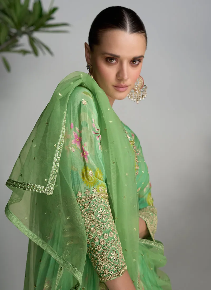 Light Green Floral Printed Handwork Embroidered Anarkali Gown