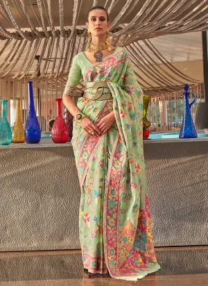 Light Green Kashmiri Handloom Weaved Silk Saree