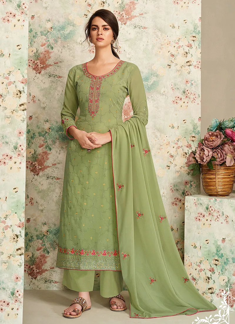 Light Green Multi Embroidered Palazzo Suit